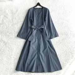 エスマックスマーラ✨シャツワンピース マキシ リボン フレア くすみカラー 青