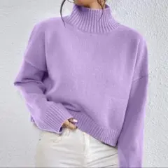【輸入品】ハイネッククロップドニットセーター パープル トップス ショート丈