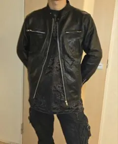 黒 レザー シングル ライダース ジャケット