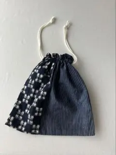 昭和レトロ　絣　藍染　巾着袋　パッチワーク　ハンドメイド　アンティーク