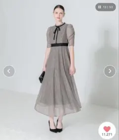 Leja ウエストマークパフスリーブ総レースロングドレスワンピース グレー