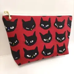 黒猫フェイス ハンドメイド ポーチ メイクポーチ ファスナーポーチ 裏地サテン