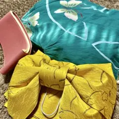 緑色花柄浴衣と黄色付け帯セット