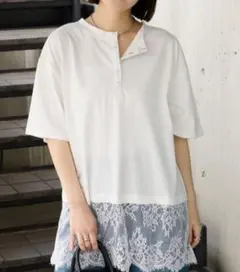 早い物勝ち♡2WAY 裾レース ヘンリーネック半袖Tシャツー