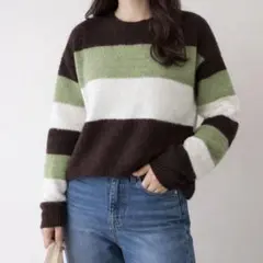 シャギーニット ボーダー セーター M グリーンブラウン ふわふわ