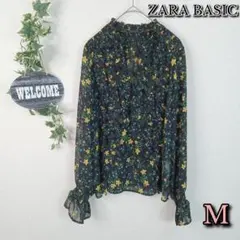 【ZARA BASIC】花柄ブラウス M ブラック シャーリング フリル