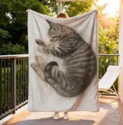 キジトラ　猫柄　プリント　膝掛け　ブランケット　毛布　猫　ネコ　ねこ　寝姿