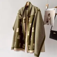 ストール　マフラー　大判　ショール　膝掛け　ねこ　猫　ネコ　千鳥　緑　1138