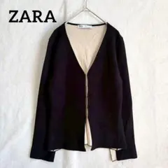 ZARA ザラ ブラック ノーカラー Vネックカーディガン L ゆったり 洗える