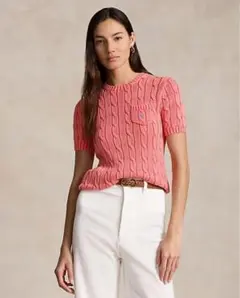 現行 ラルフローレン コットンケーブルニット ショートスリーブ 半袖　ピンク