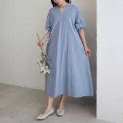 袖バルーン Aラインワンピース Vネック ブルー バルーン袖 ロングワンピース