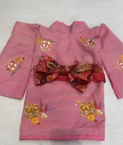 ペット用 ピンク 花柄刺繍 和服 帯付き