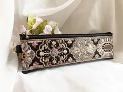 ペンケース　ポーチ　インド刺繍リボン　ブラック　メルヘン　合皮　No.147再販