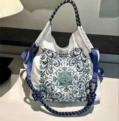 ショルダーストラップつき　2WAY ペイズリー柄 刺繍　エコバッグ　トートバッグ