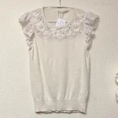 L'est Rose リボン刺繍　麻シルク混　ノースリーブニット　M アイボリー