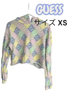 【人気】GUESS ゲス クロップド丈 パーカー XS 総柄 ダイヤ柄 Y2K