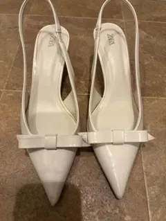 ZARA ホワイト ポインテッドトゥパンプス リボン付きスリングバッグパンプス