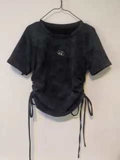 黒 スエード風 半袖Tシャツ ドローストリング