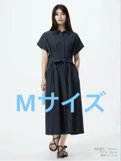 ユニクロ シアサッカーシャツワンピース Mサイズ　ネイビーのサムネイル