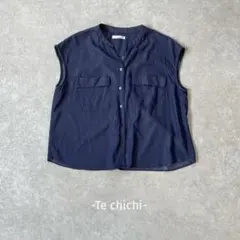 Te chichi/ノーカラーブラウス/M/ネイビー/レーヨン混/ノースリーブ