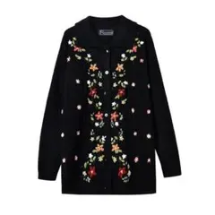 レディースニットセーターニットカーディガン ロング丈素敵刺繍ウール入り