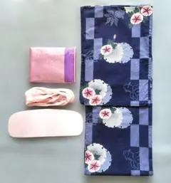 ★朝顔 紺色 格子柄 浴衣 浴衣帯 帯板(前板) 腰紐 4点セット