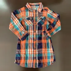 オレンジ系チェック柄長袖シャツワンピース★ 120cm★