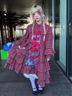 HEIHEI風　ロリィタ　赤 チェック柄 フリル ロングワンピース