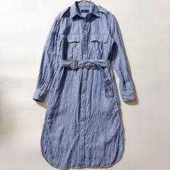 リネン100✨ポロラルフローレン ブルーストライプ ロングシャツワンピ ベルト