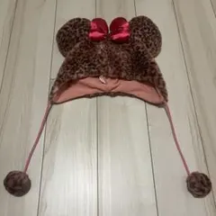 ヒョウ柄ミッキー型帽子 ピンクリボン付き