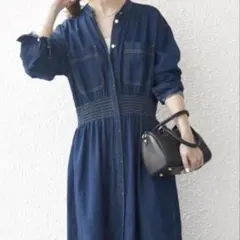 SHIPSany シャーリングデニムワンピース　インディゴ　ロングワンピース