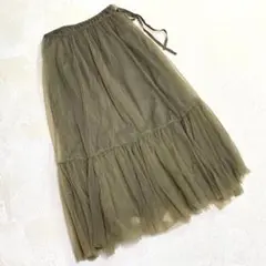 SLOBE IENA フレアスカート36 チュール ティアード ロング丈 カーキのサムネイル