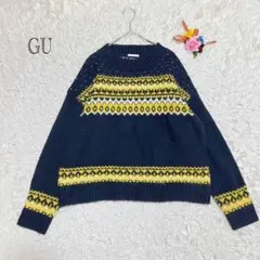 GU ニット フェアアイル柄　ウール混　ノルディック　セーター　ネイビー　M