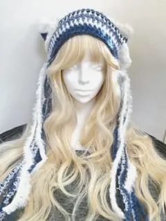 ふわふわ　ねこみみ　ニット帽　y2k グランジ ヘッドドレス　バブーシュカ