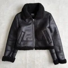 ZARA フェイクムートンボアジャケット 黒 S B-3風 ショート丈 ベルト付