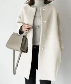 【新品】おしゃれスタ ミディ丈ノーカラーネオウールコート 　ノーカラーコート　白