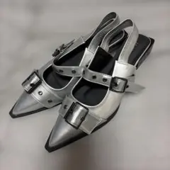 新品 Forever21 Lサイズ ダブルベルトミュール パンプス シルバー