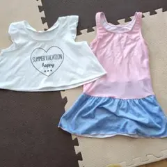 フリル袖セットアップ 水着130/ホワイトとピンクとブルーでデニム風/可愛い