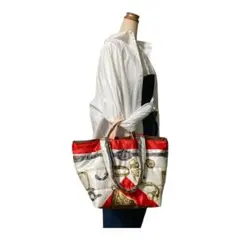 ダブルハンドルトートMサイズ　パフトートバッグ　ヴィンテージスカーフ　本革