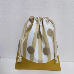 ラメドットストライプゴールド×マスタード　コップ袋　巾着
