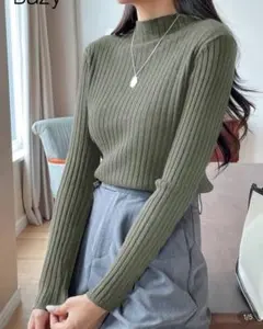 オリーブグリーン リブニットセーター M