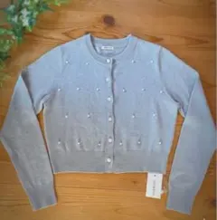 パール装飾付きグレー長袖カーディガン ニット