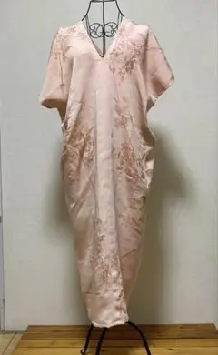 着物リメイクフラワー刺繍 ピンク オレンジVネック ワンピース