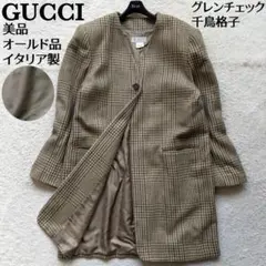 【美品】グッチ ウールコート グレンチェック 千鳥 裏地ロゴ総柄 ウール 伊製のサムネイル
