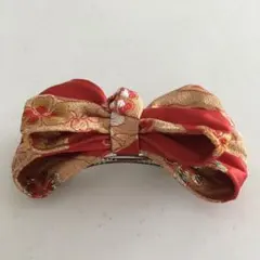 帯で作ったバレッタ　和風リボン型ヘアクリップ 赤金