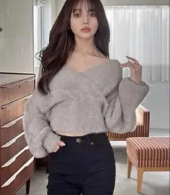 GRL フェザーニットカシュクールショート丈トップス[kz286] グレージュ