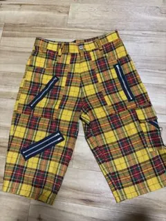 イエロー チェック柄 ジップ ハーフパンツ