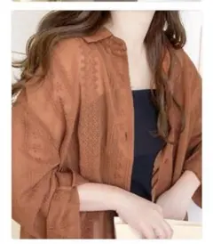 新品　刺繍シアーシャツ　テラコッタ　L