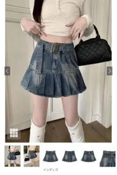 インパン裏地付きベルトデニムプリーツスカート［at2307］