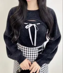 INGNI フェザーリブデコルテオープンリボンニット クロ